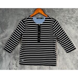 Lauren Ralph Lauren Striped Knit Shirt Top Womens Large Black White 3/4 Sleeve